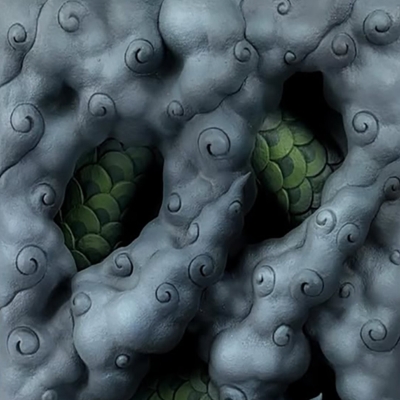 Detail of a ceramic artwork with stylized cloud and scale textures