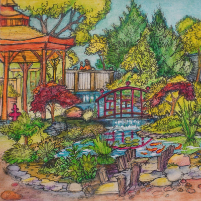 Watercolor and ink drawing of garden with pagoda