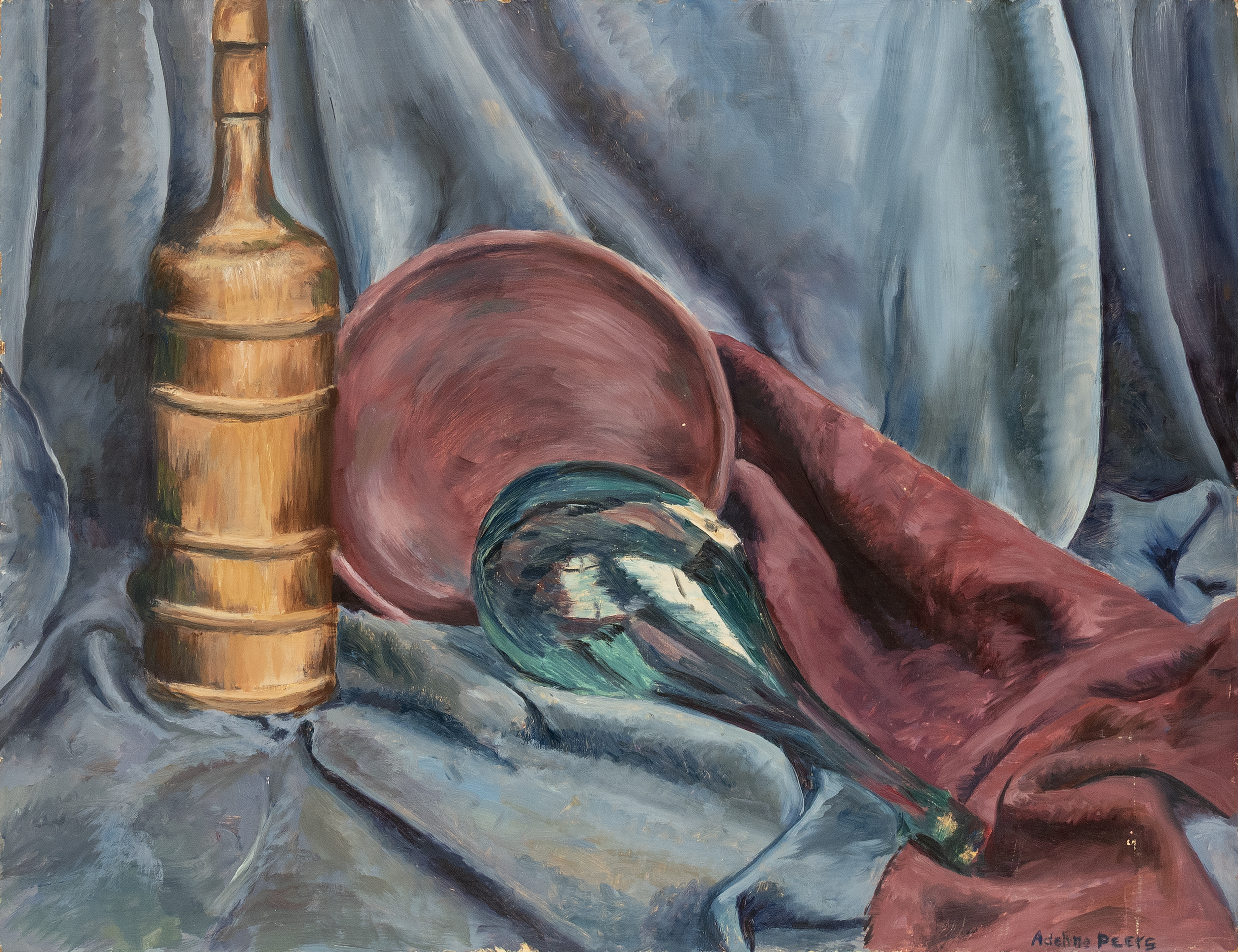 still life of plate, bottle, fabric